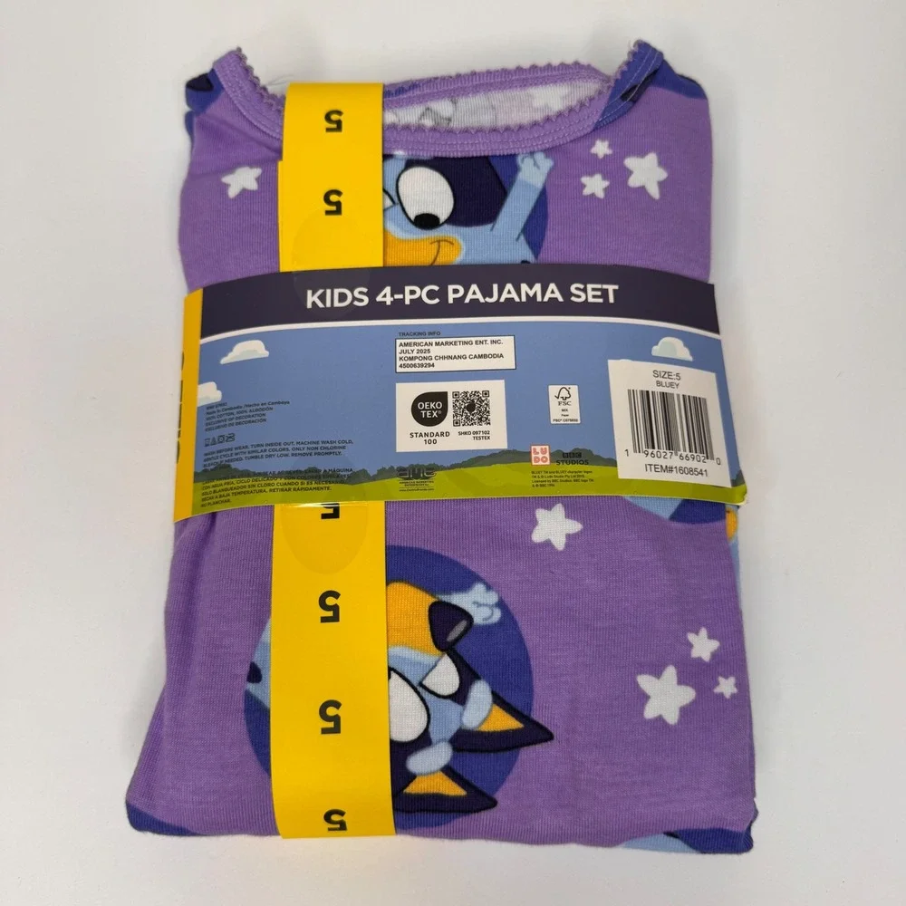Bluey Bingo Toddler Sz 5, 4Piece Pajama Set 100% Cotton Purple Blue Glitter Gift